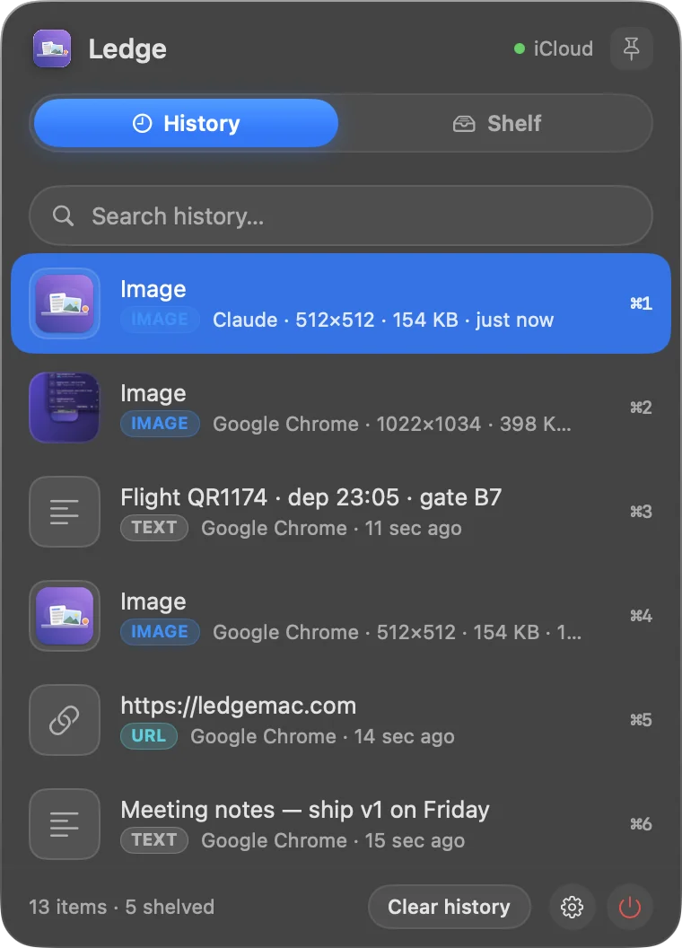 Panel Ledge, tab History: text, ảnh, link và màu đã copy kèm thời gian