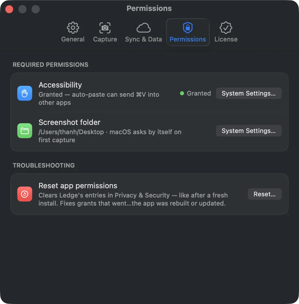Settings của Ledge, tab Permissions liệt kê quyền Accessibility và thư mục screenshot kèm trạng thái
